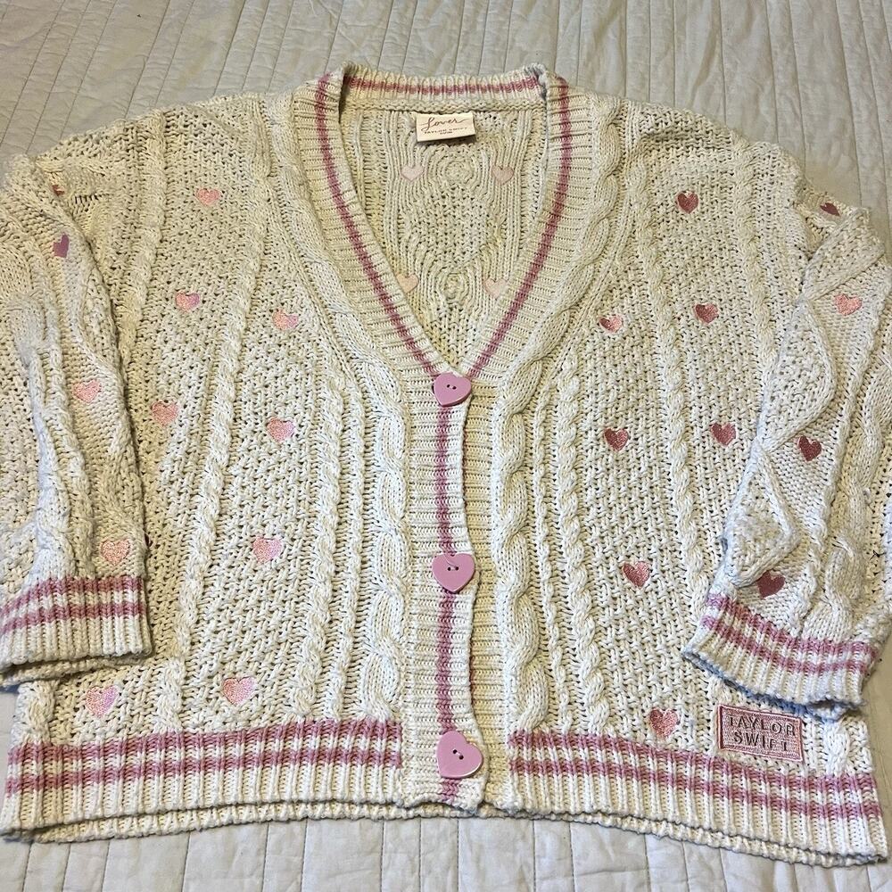 Taylor Swift LOVER Cardigan Size XS / SM Pink White Hearts Official Authentic